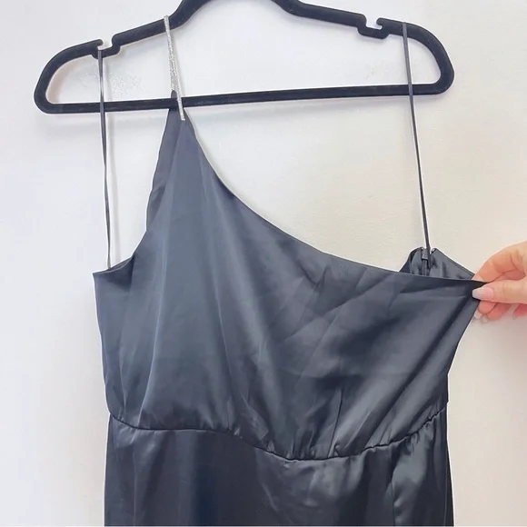 H&M Black Satin Asymmetrical One Shoulder Rhinestone Jeweled Strap Jumpsuit NWT - Picture 9 of 14